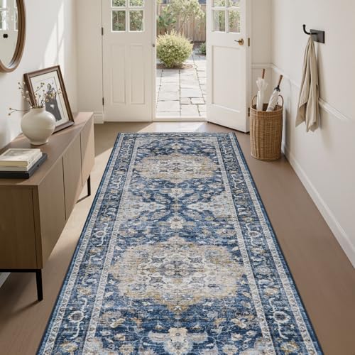 PADOOR-Vintage Runner Rug 2X10 Runners for Hallways-Soft Blue Washable Bedside Rugs for Bedroom-Non Slip Long Rug for Hallways Entryway Laundry Room S