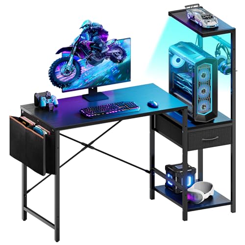 Bestier 44 Inch Gaming Desk for Small Spaces, Reversible Computer Desk with Drawers & Shelves, Modern Gamer Desk Table with Side Bag & Headphone Hook