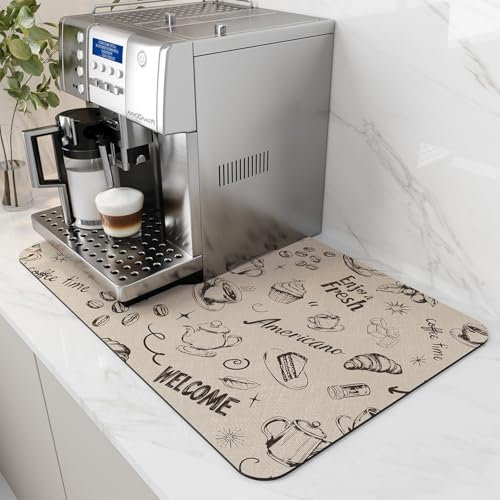 AMOAMI Coffee Mat Hide Stain Rubber Backed Absorbent Dish Drying Mat for Kitchen Counter - Fits Under Coffee Maker & Espresso Machine (16X24, MILK TEA