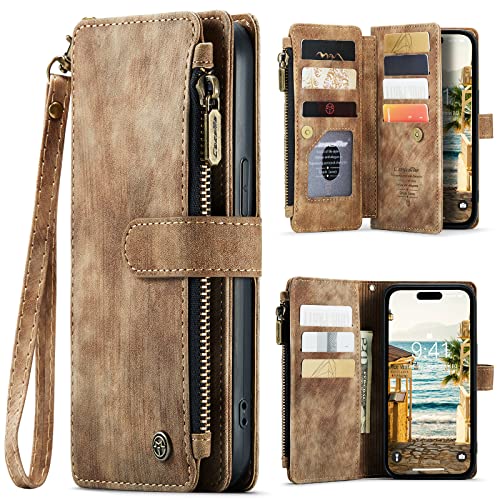 for iPhone 14 Pro Max Wallet Case with 10 Card Holder Slots Magnetic Zipper Pocket Pouch Flip KicStand Durable Premium Leather PU with Lanyard Strap W