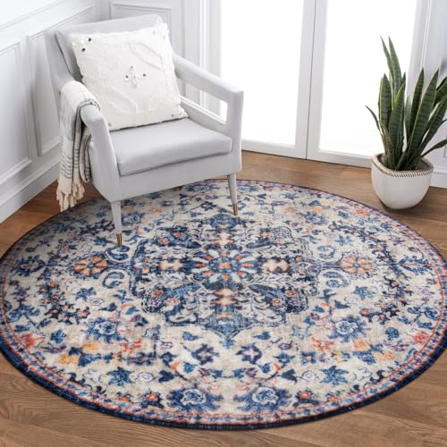 Lahome Bohemian Round Rug 3Ft Small Bedroom Round Area Rug Soft Bathroom Circle Mat, Vintage Machine Washable Non Slip Low Pile Indoor Floor Carpet fo