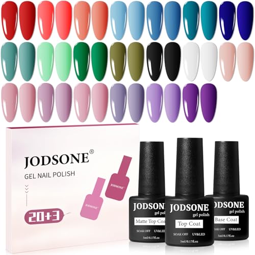 JODSONE 23 PCS Gel Nail Polish Set with Base Glossy and Matte Top Coat Multicolored Gel Nail Long Lasting Suitable for All Seasons 20SET-01A