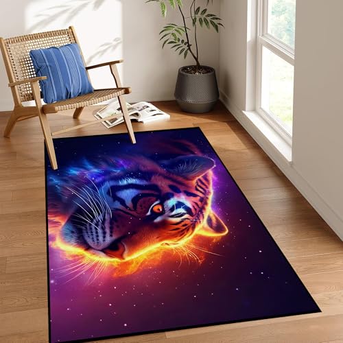 Galaxy Tiger Rug 3D Fierce Tigers Area Rugs for Bedroom Living Room Playroom Gameroom Boys Kids Fire Glitter Carpet Throw Rugs Floor Mat 59 in x 39 in