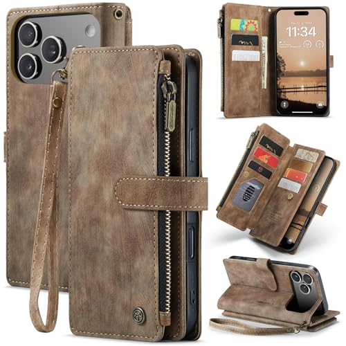 for iPhone 17 Pro Max Wallet Case with 10 Card Holder Slots Magnetic Zipper Pocket Pouch Flip KicStand Durable Premium Leather PU with Lanyard Strap W