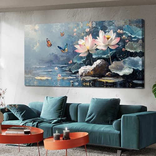 Ardemy Lotus Wall Art for Living Room Butterfly Large Canvas Art Wall Decor Textured Pictures Artwork Bedroom Kitchen Dining Home Office, Large 48"x24