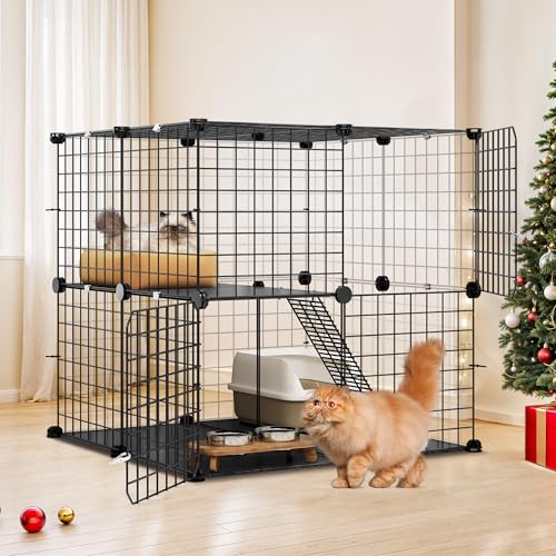 YITAHOME 2-Tier Cat Cage Indoor Outdoor: 28" L x 28" W x 28" H DIY Cat Enclosures Kitten Cage Pet Playpen Metal Kennel for 1-2 Cats Small Animals Ferr