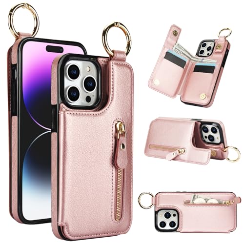 for iPhone 15 Pro Wallet Case with Zipper and Credit Card Holder, Cash Slot, PU Leather Magnetic Clasp Kickstand Heavy Duty Ring Protective Cover.(Ros