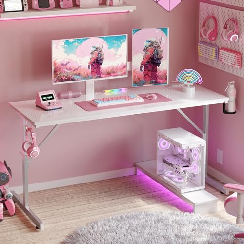 Bestier 52 inch Gaming Desk with LED Lights & Power Outlets, Computer Desk Gaming Table with Monitor Shelf, Gamer Desk with White Carbon Fiber Texture