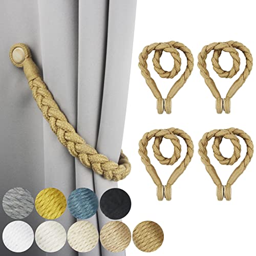 4 Pack Magnetic Soft Curtain Tiebacks Cotton Hand-Woven Tieback Holdback Home Decorative Tie Backs with Wooden Buckle for Home Office Decor (Khaki, 4)