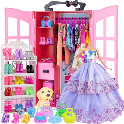 ZITA ELEMENT 120 Pcs Fashion Doll Closet Wardrobe for Clothes and Accessories Storage Include Clothes, Dresses, Shoes, Shoes Rack, Bags, Necklace, Han