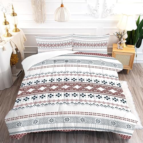 Boho Aztec Comforter Set Queen, Bohemian Striped Bedding for Kids Boys Girls Bedroom, Red and White Boho Aztec Pattern Quilt Sets, 1 Comforter, 2 Pill