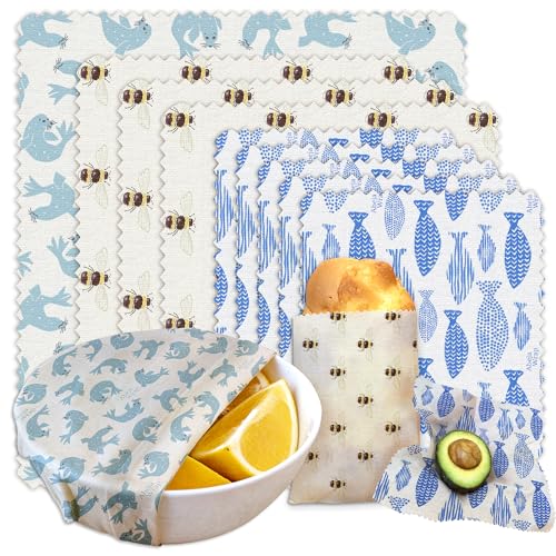 Beeswax Food Wrap 9-Pack (5S 3M 1L), Reusable Beeswax Wraps, Beeswax Wraps Reusable Sustainable Food Storage, Plastic-Free-Seal Bee Fish