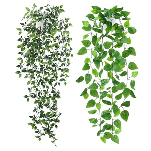 Der Rose 2Pcs Fake Plants Artificial Hanging Faux Potted Ivy Vines Wall Plants Indoor for Home Room Bookshelf Outdoor Decor