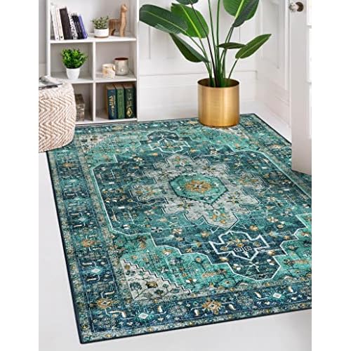 Moynesa Ultra-Thin Washable Vintage Area Rug - 5x7 Large Living Room Rug Boho Oriental Medallion Bedroom Mat Non-Slip Non-Shedding Dining Room Floor C