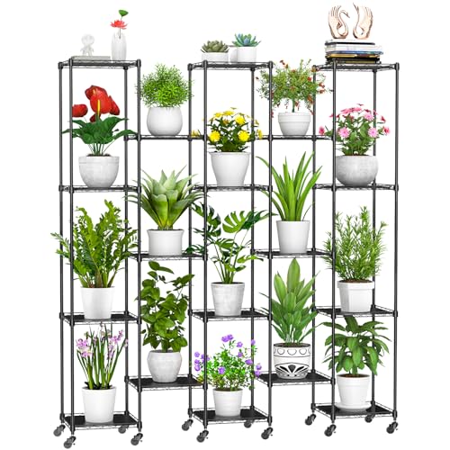 Abimars 74'' Tall Plant Stand with Wheels, Shelf Height Adjustable Metal Plant Shelf for 18 Potted Plants, DIY Assembly Indoor & Outdoor Plant Display