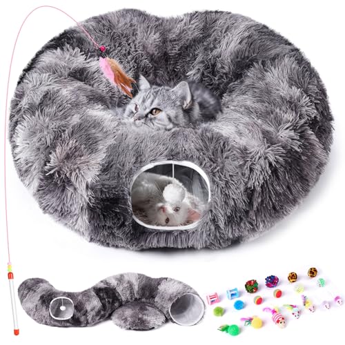 Odoland Cat Tunnel Bed with 20 Cat Toys - Indoor Plush Kitten Couch,Detachable Cats Cave Donut Tunnel & Soft Kitten Toy Set-Cozy Cat Furniture Black