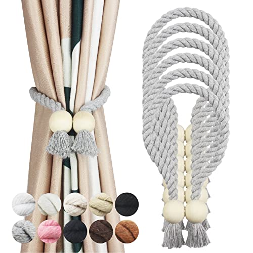 6 Grey Magnetic Curtain Tiebacks Cotton Hand Woven Tieback Holdback Decorative Tie Backs for Drapes with Wooden Buckle No Tools Required Grey 6