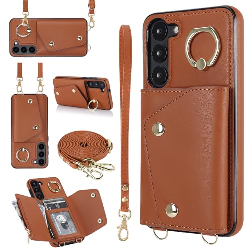 for Samsung Galaxy S24 Plus Luxury Zipper Wallet Case with Ring, Multi Card Holder Adjustable Crossbody Strap, Fashion Wallet Bag.(Brown) Brown Samsun