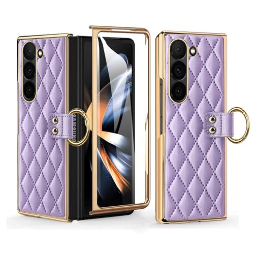 for Samsung Galaxy Z Fold 6 Luxurious Stylish Business Diamond Leather Phone Case with Ring Design, Built-in Front Screen Protector Anti-Slip, Anti-Dr