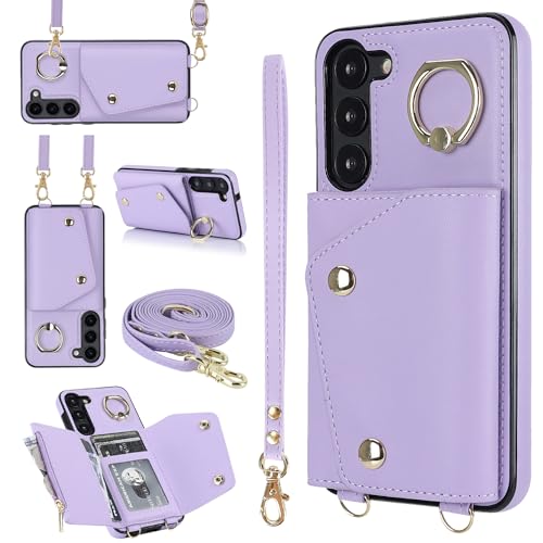 for Samsung Galaxy S23 Luxury Zipper Wallet Case with Ring, Multi Card Holder Adjustable Crossbody Strap, Fashion Wallet Bag.(Purple) Purple Samsung G