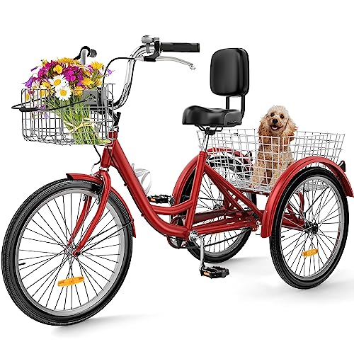 YITAHOME 26 Inch Adult Tricycle, 1 Speed 3 Wheel Bikes, Trike Bike for Adults with Removable Front & Rear Baskets, for Women Seniors Men Picnic Outdoo