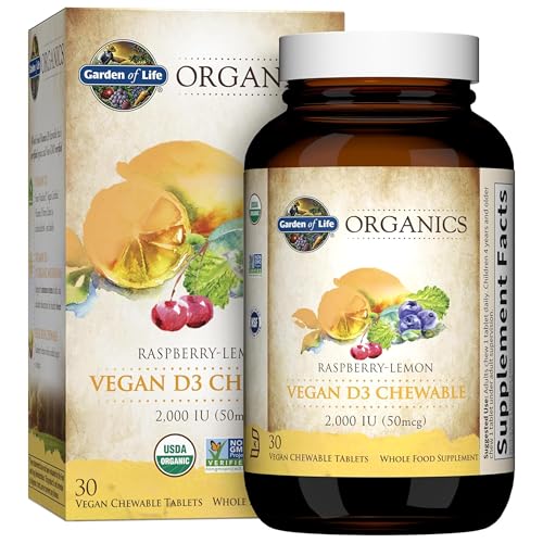 Garden of Life Organics Vegan Vitamin D3 Chewable - Raspberry Lemon, 2,000 IU (50mcg) Whole Food Vitamin D3 from Lichen Plus Food & Mushroom Blend, Gl