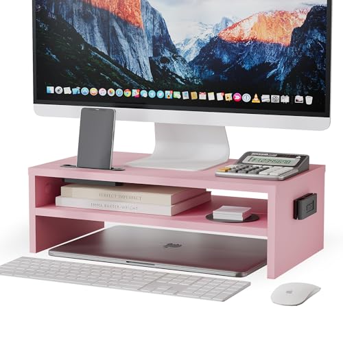 BONTEC Wooden Monitor Stand Riser, 2-Tier Desk Shelf with Storage Organizer, Ergonomic Computer Stand with Cable Management, Cellphone Holder, Pink, 1