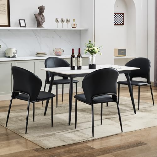 Dining Chairs Set of 4 Upholstered Mid Century Modern Chair with Metal Legs Mid-Back Accent Chair Faux Leather for Kitchen and Dining Room (Black,4 Pa