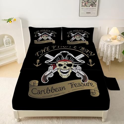 Skull Sheets Set Boys Queen Size Nautical Pirate Bedding Set for Children Kids Men Adventure Black Ocean Bed Sheets Skeleton Room Decor 1 Flat Sheet 1