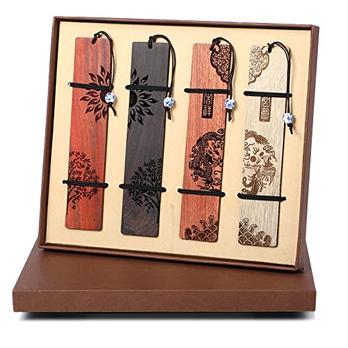 Wooden Bookmarks for Men Women - Rohuis 4 Pcs Cool Handmade Natural Wood Carving Book Markers for Book Lovers, Cute Gift for Teachers (Dragon and Phoe