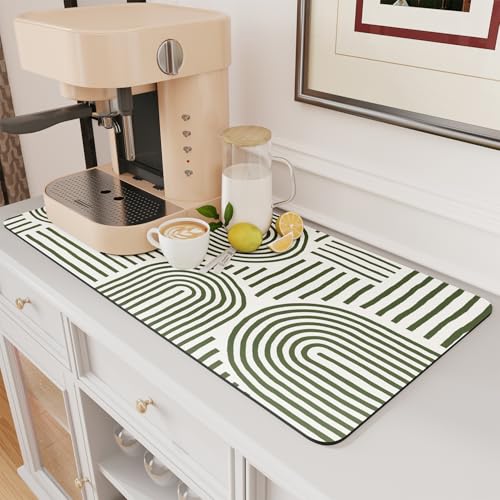 AMOAMI Coffee Mat Hide Stain Rubber Backed Absorbent Dish Drying Mat for Kitchen Counter - Fits Under Coffee Maker or Machine - Green Line 17x31.5 LIG