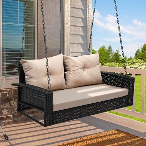 YITAHOME Wicker Hanging Porch Swing Chair 2-Seats Outdoor Black Rattan Patio Swing Lounge w- 2 Back Cushions Capacity 530lbs for Garden, Balcony, Livi