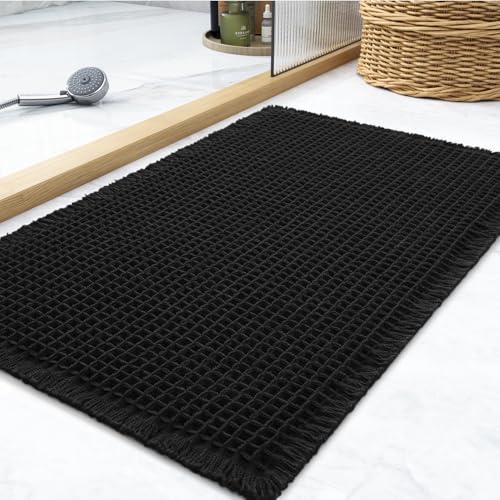 Waffle Bath Mat Rug, Super Absorbent Non Slip Bath Mats Ultra Soft Bathmat Machine Washable Bathroom Rugs with Tassels, Bath Rugs for Bathroom Floor B