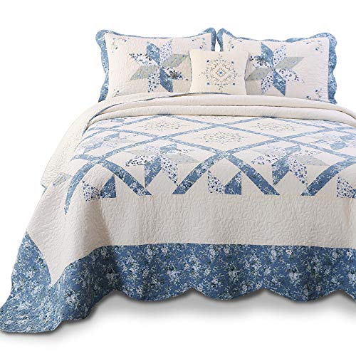 KASENTEX 100% Cotton Luxurious Patchwork Bedspread Embroidery Coverlet Quilt Machine Washable Oversize Twin(Blue, 80x110in) Blue Twin (80*110")