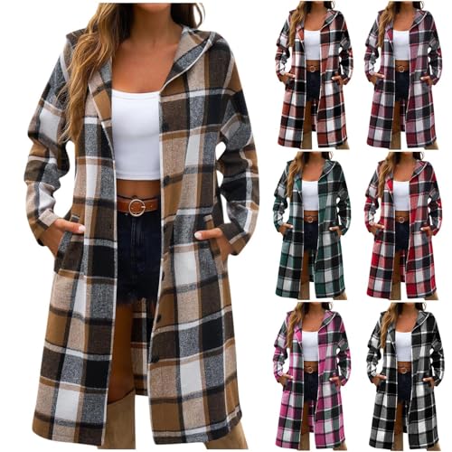 Womens Classic Plaid Fall Coatigan with Pockets Wool Blend Hooded Long Shacket Casual Button Up Outerwear Coats A01 Brown Small