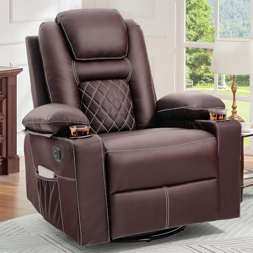YITAHOME Swivel Rocker Recliner Chair with Massage & Heat, 360° Rotation Rocking Recliner, Faux Leather Manual Recliner with Cup Holders, Home Theate