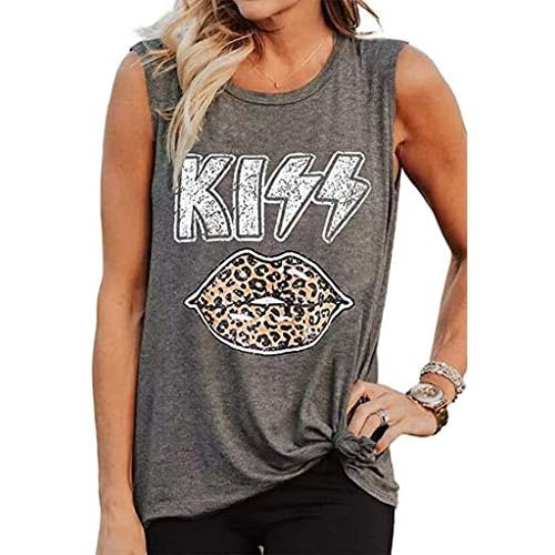 Fuyxxmer Womens Kiss Letter Print Leopard Lips Casual Round Neck Sleeveless Tanks Tops Grey Medium