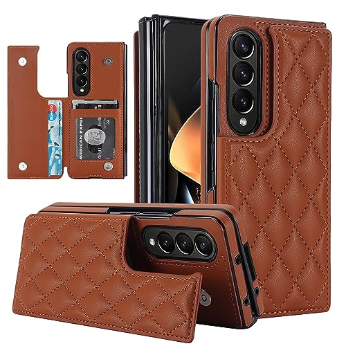 for Samsung Galaxy Z Fold 4 Wallet Case with Credit Card Holder, Fold Premium Diamond Leather Magnetic Clasp Kickstand Heavy Duty Protective Cover.(Br