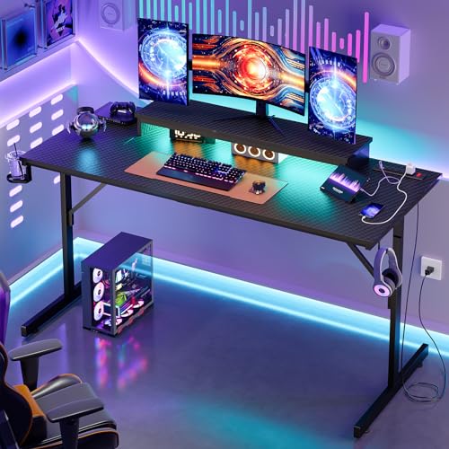 Bestier 52 inch Gaming Desk with Power Outlets and USB Charging Ports, Sturdy Computer Desk with LED Lights and Monitor Stand, Computer Table for Home