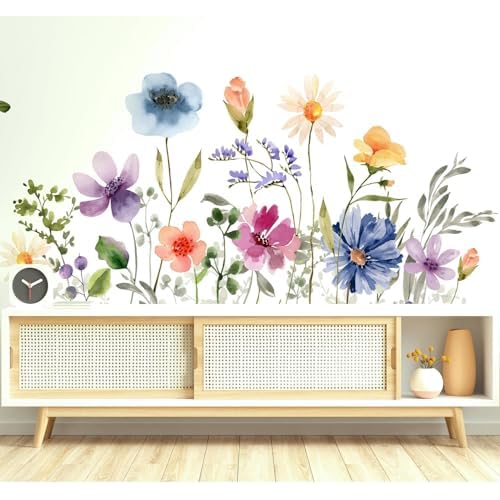 Watercolor Flowers Wall Decals Peel and Stick, Large Floral Vinyl Wall Stickers, Removable Home Decor Art for Bedroom Living Room Classroom Office
