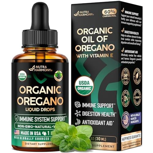 USDA Organic Oil of Oregano - Liquid Drops with Vitamin E - Made in USA - Supplement for Immune Support, Digestion Health & Antioxidant - Non-GMO, Nat