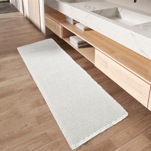 AMOAMI Upgraded Waffle Runner Rug Super Absorbent Non Slip Bath Mats for Bathroom Washable Boho Bathroom Runner Rug with Tassels, Ideal for Hallway Be