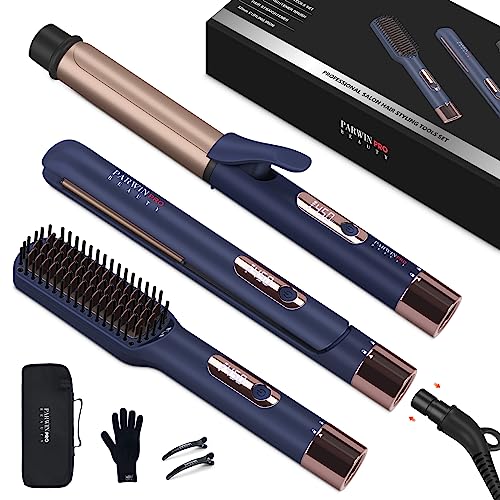 PARWIN PRO BEAUTY 3 in 1 Styling Set, 25mm Hair Straightener, 32mm Hair Curler, Hair Straightener Brush, Detachable Power Cord, LED Temp Control, Rapi