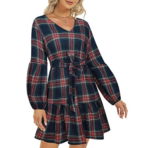 ROYLAMP Women's Tunic Dresses Long Sleeve V Neck Plaid Tie Waist Ruffle Swing Shift Casual Mini Dress with Pocket Large Plaid Navy Blue