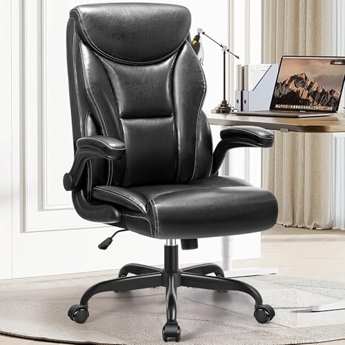 Office Chair, Ergonomic Big and Tall Computer Desk Chairs, Executive Breathable Leather Chair with Adjustable High Back Flip-up Armrests, Lumbar Suppo