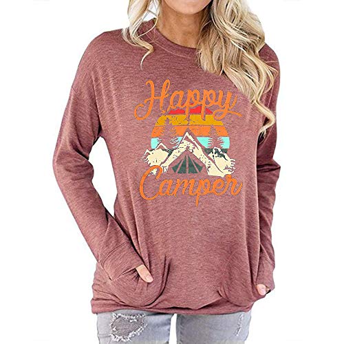 Fuyxxmer Happy Camper Sweatshirt Women Vintage Mountain Graphic Tee Long Sleeve Pullover Blouses Top Shirts with Pockets Pink Medium
