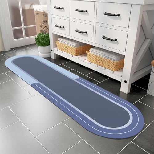 MontVoo Bath Mat Runner - Long Non Slip Absorbent Quick Dry Thin Bath Rug for Bathroom Floor Mat - Rubber Backed - Stain Resistant - Easy Care - Navy