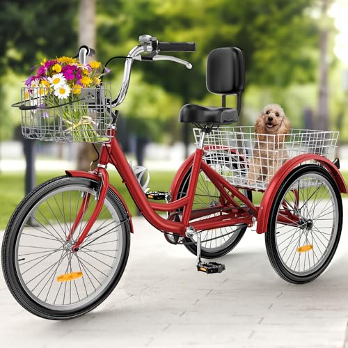 YITAHOME Adult Tricycle, 26 Inch 3 Wheel Bikes, 1 Speed Trike Bike for Adults with Removable Baskets, Cruiser Bike for Seniors Women Men Shopping Picn