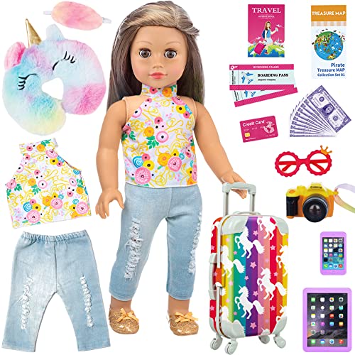 ZITA ELEMENT 24 Pcs 18 Inch Girl Doll Clothes and Accessories Travel Suitcase Set for 18 Inch Doll Accessories Unicorn Stuff Doll Suitcase