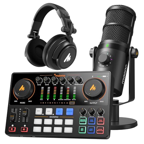 MAONO Podcast Equipment: Audio Interface, USB-XLR Dynamic Mic and Headphones with Dual XLR Input, Quick to Mute, Noise Reduction, 8 Customize soundpad
